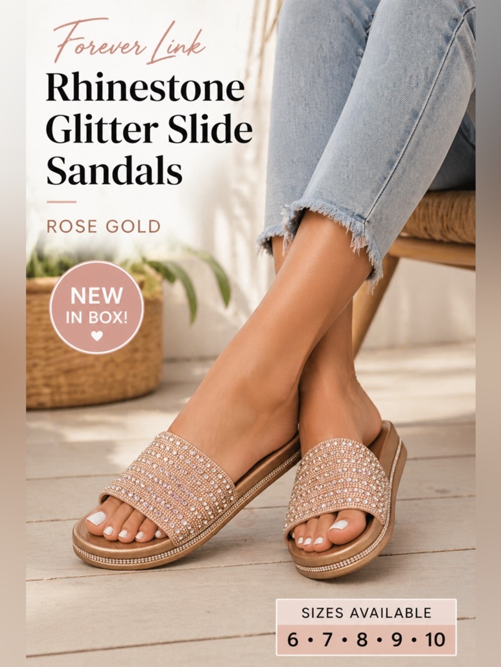 Forever Link Rose Gold Rhinestone Glitter Slide Platform Sandals NIB